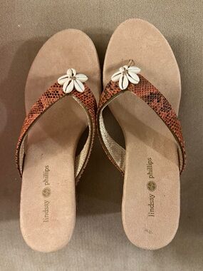 Lindsay Phillips Tan and Rust Snake-Print Toe-Post Sandals with Shell Accent